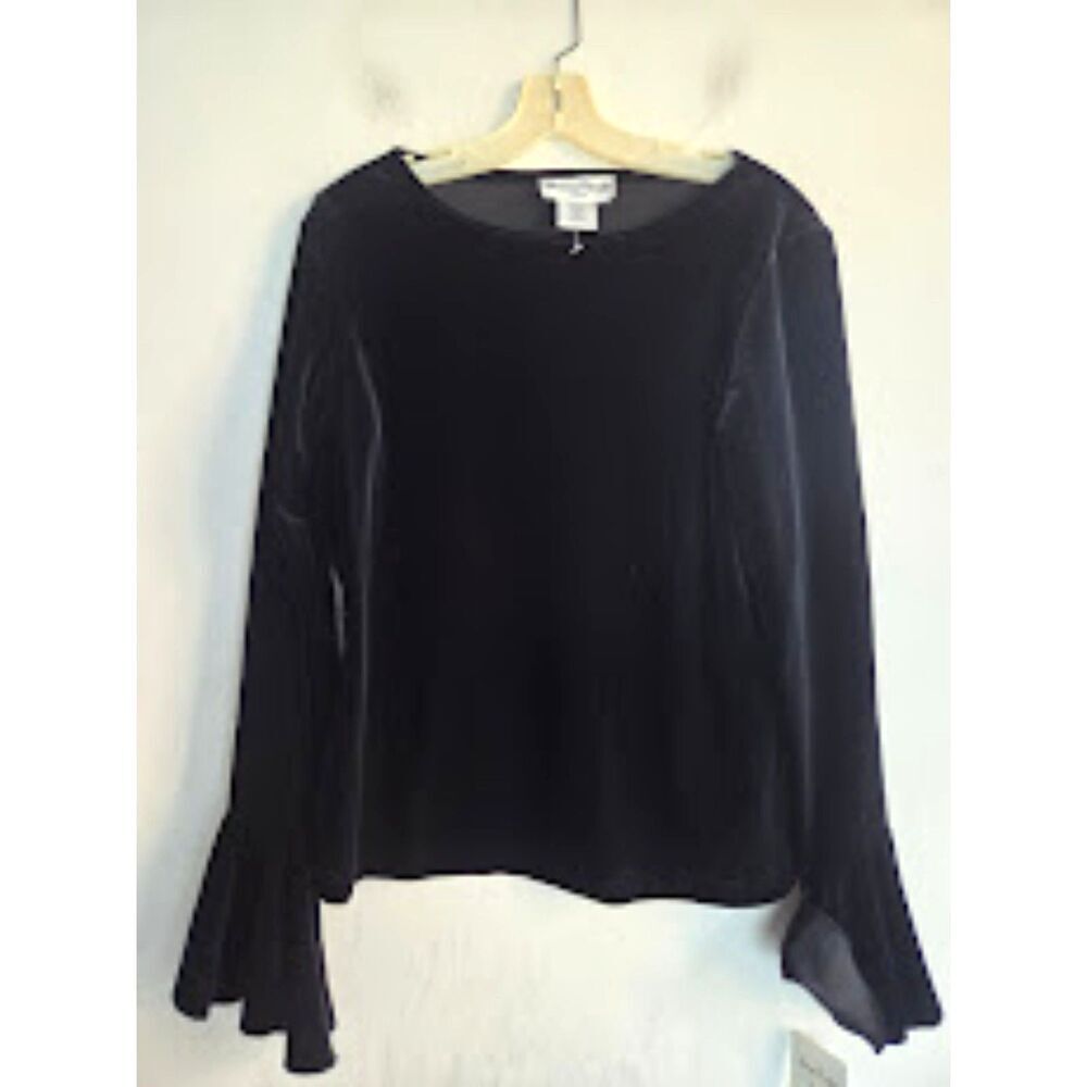 NWT Ronnie Nicole Black Velvet Crew Neck Long Bell Sleeve Blouse size Large